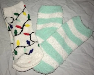 2 pair GIRLS WINTER CHRISTMAS SOCKS lights multi color mint white stripe NEW WOW - Picture 1 of 1