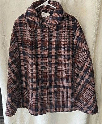 Molly Bracken Tartan Plaid Cape Coat Pink Navy Button-Up Size M Fall Autumn - Image 1 of 4