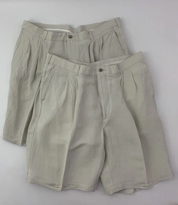 Lote de 2 Pantalones Cortos Perry Ellis Pr Para Hombre Talla 38x8 Caqui Lino Rayón Plisado Informal Foto 1 de 4
