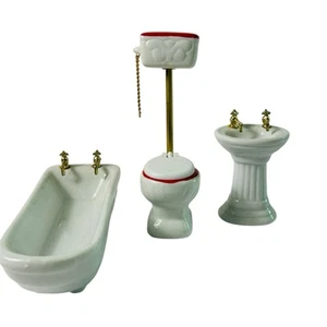 Juego de 3 lavabos de baño vintage de porcelana para casa de muñecas blanco rojo dorado - Imagen 1 de 9
