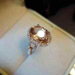 Oval Lab Created Peach Morganite Halo Engagement Women Ring 14K Rose Gold Finish