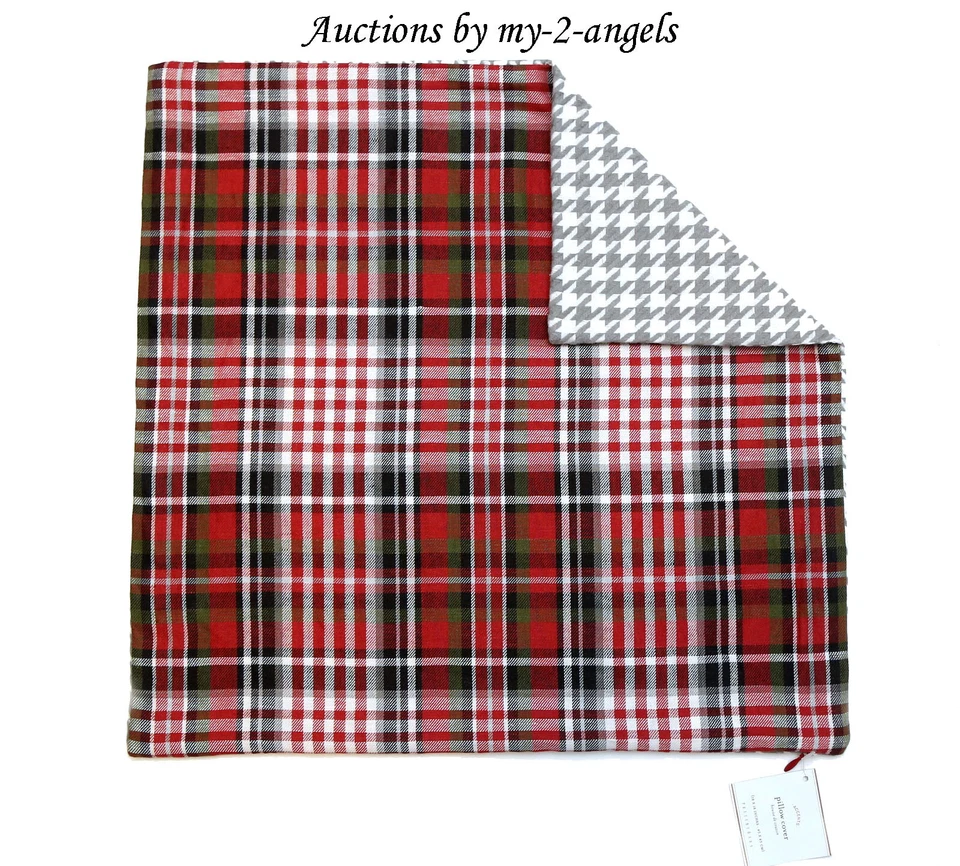 NUEVA Funda de Almohada Pottery Barn PATA DE GALLO A CUADROS 18X18 ROJO GRIS MARFIL Navidad Foto 1 de 1