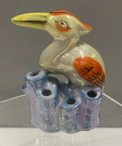 Pelican Bird Flower Frog Lusterware Base 6 Holes Made in Japan Vintage 3” - Picture 1 of 9