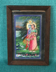 Antique Lord Krishna Radha Miniature Painting Hindu Religious God Goddess - Picture 1 of 14
