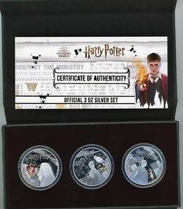 HARRY POTTER UFFICIALE SET MONETE ARGENTO A PROVA DI 3 x 1 oz 2021 $5 samoa - Foto 1 di 7