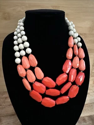 Triple Stand Layered Orange Coral Beige Acrylic Beaded Necklace 21” - Image 1 of 4