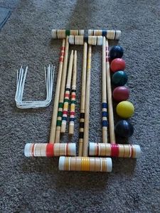 Vintage Wood Mallet Croquet Set Balls Plastic/ Metal Wickets & Stakes  - Picture 1 of 7
