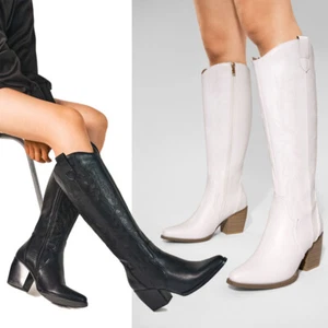 Women's Wide Calf Western Cowgirls Boots Zipper Chunky Heel Knee High Boots - Picture 1 of 21