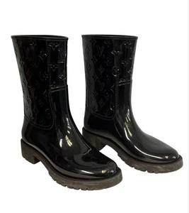 Louis Vuitton Black Logo LV Monogram Rubber Drops Size 38 Boots - Picture 1 of 17