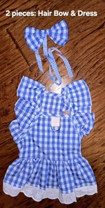 Blue & White Gingham Dog/Small Pet Dress & Matching Hair Bow -Size: SMALL (S) - Picture 1 of 14