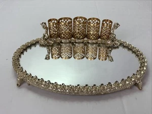 Vintage goldfarben Metall filigran verspiegelt Kosmetik Tablett Lippenstift Pinsel Halter - Bild 1 von 7