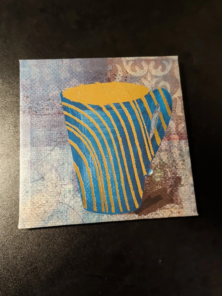 Arte de pared de cocina dorado y azul café café comida bebida decoración del hogar 8" x 8" Foto 1 de 1