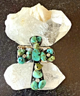VTG Y2K TURQUOISE CROSS RING RHINESTONE Boho Hippie Western Silver STRETCH 4-7 - Image 1 of 4