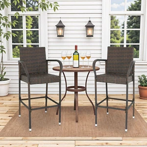 Outdoor Backyard Patio 2PCS Rattan Wicker Bar Stool Furniture Chair with Armrest - Picture 1 of 13