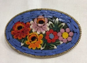 Vtg 80s Italian Mosaic Glass Rod Floral Oval Pin Blue Orange Green Yellow 2” - Picture 1 of 5