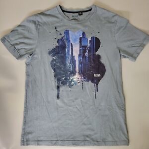 Rare Hugo Boss Graphic T Shirt of Skyliners Big City New York Chicago Gray - L