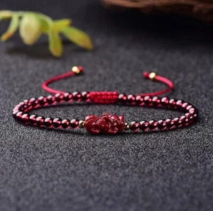 Natural 4mm Garnet Stone Beaded Pixiu Bracelet for Good Luck Success Hand Woven - Picture 1 of 3