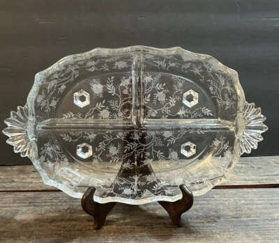 Glass Relish Dish Divided Serving Tray Floral Scalloped Edge Fostoria Chintz - Image 1 of 4