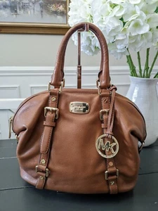 Michael Kors Hamilton Satchel Handbag Purse Classic Lock Tan Gray Pockets  - Picture 1 of 12