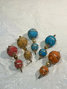 5 Vtg MCM Embellished Xmas Ornament Flocked Teardrop Icicle Aqua Pink Orange - Picture 1 of 6