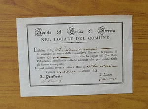 ANTICO DOCUMENTO SOCIETA' DEL CASINO DI FERRARA 1844 SUBALPINA - Imagen 1 de 1