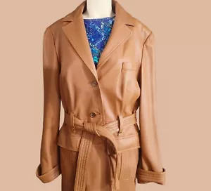 Brooks Brothers Tan Soft Leather Belted Trench Coat Button Front Lined Interior - Picture 1 of 18