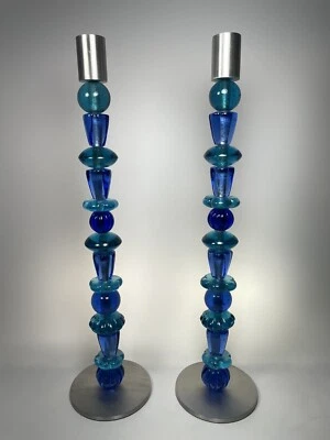 "2 soportes portavelas de mesa Räder vidrio azul aluminio 15,5"" Alemania" Foto 1 de 4