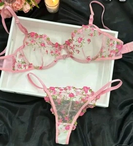 Neu BH & Höschen Gr. L Tänzerin freche Unterhose transparent Blumen Flitterwochen Dessous Set - Bild 1 von 5