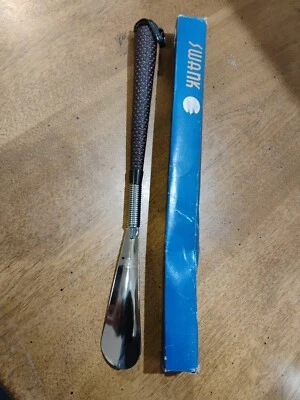 SWANK MID-CENTURY LONG HANDLED STEEL SHOE HORN. FAUX LEATHER HANDLE. JAPAN NIB - Image 1 of 4