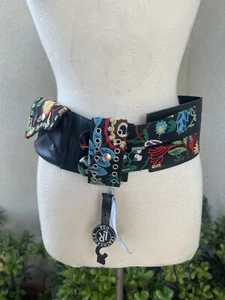 Festival Hüftgürtel schwarz Leder Brokat Stoff Tasche Gr. 32 Neu mit Etikett Lederrock - Bild 1 von 11