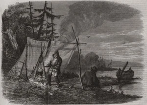 Moose hunting in Canada. The encampment. Canada 1858 old antique print picture - Picture 1 of 1