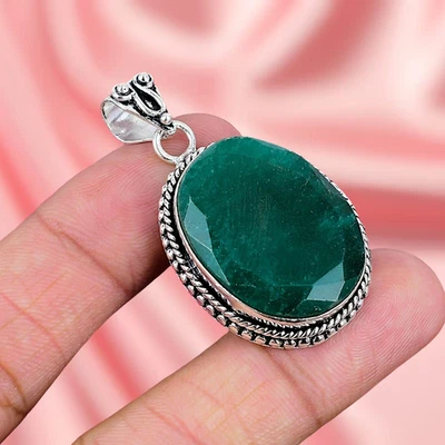 Emerald Gemstone Pendant 925 Sterling Silver Handmade Pendant Silver Pendant - Image 1 of 2
