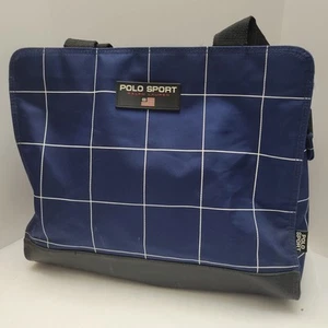 VTG Polo Sport Tote Bag Zippered Blue Check With Black Strap And Bottom Preppy - Picture 1 of 10