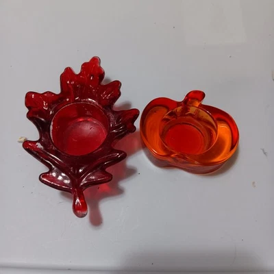 Set of 2 Tealight Votive Candle Holders Red Maple Leaf and Orange Pumpkin - Image 1 of 4
