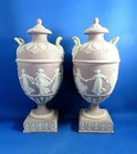 ANTIQUE 19THC WEDGWOOD LILAC JASPERWARE PAIR OF URNS & COVERS- DANCING HOURS