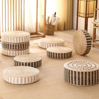 Japanese Round Hand Woven Straw Futon Cushion Tatami Floor Yoga Mat Seat Pillow - Image 1 of 4