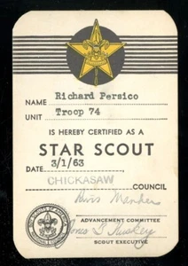 1963 Truppa 74 Consiglio Chickasaw STAR SCOUT tessera associativa BSA Boy Scouts - Foto 1 di 2