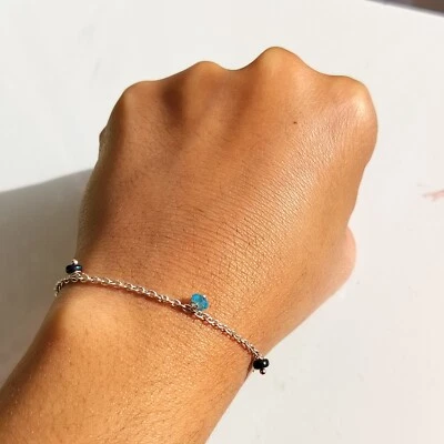 Shine Blue Topaz Black Opal Beads Sterling Silver Chain Bracelet Gift For Her - Image 1 of 4