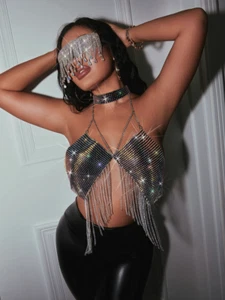 Nuevo chaleco halter con flecos de rejilla sin espalda ajustado de verano para mujer - Imagen 1 de 19