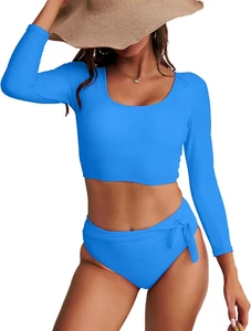 High Waisted Bikini Set with Rash Guard & Crop Top for Women & Teens - Picture 1 of 13