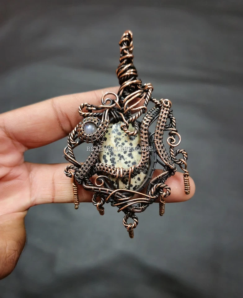 Colgante de jaspe dálmata piedras preciosas alambre de cobre envuelto colgante joyería para regalo Foto 1 de 4