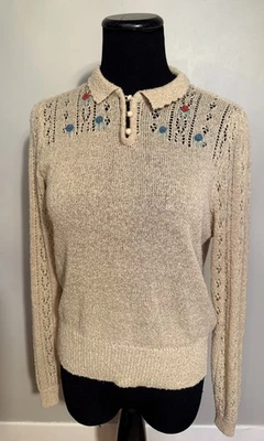 Vintage 1980’s Contempo Casuals Nubby Knit Crochet Sweater Rosettes Cottage S-M - Image 1 of 4