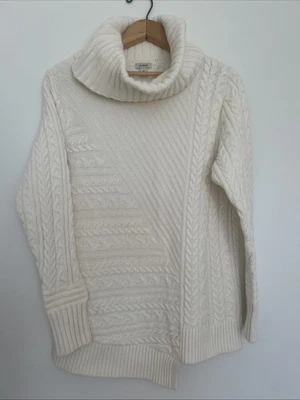 Women's LL Bean Sweater M  Cream Cable-Knit  Assymetrical Hem Cotton Merino - Image 1 of 4