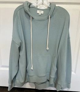 Aerie Womens Large Green Waffle Knit Shirt Hood Oversized Kangaroo  Lounge Cozy - Picture 1 of 13