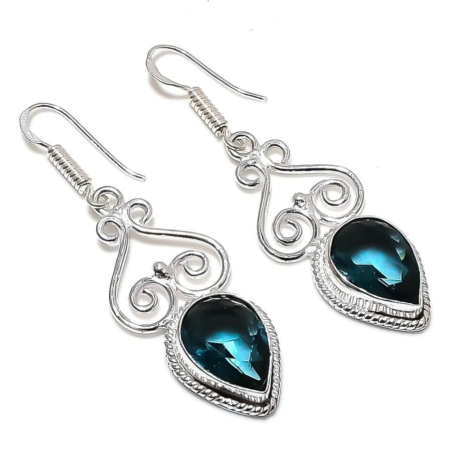 London Blue Topaz Gemstone 925 Sterling Silver Jewelry Earrings Size 1.75" - Image 1 of 1
