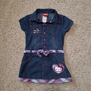 Hello Kitty Size 4 Denim Dress Snap Front Plaid Fabric Belt & Trim Embroidery  - Picture 1 of 7
