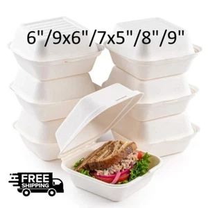 Disposable Sugarcane Bagasse Clamshell White Burger Box – 9x6", 7x5", 8x8", 9x9" - Picture 1 of 21