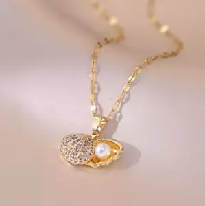 Gold Titanium Seashell Pearl Pave Cubic Zirconia Pendant Chain Necklace - Picture 1 of 1