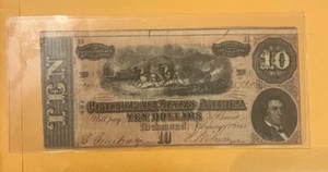 1864 T-68 Horses pull cannon RM Hunter blueRev $10 CSA Banknote , VF / XF - Picture 1 of 2