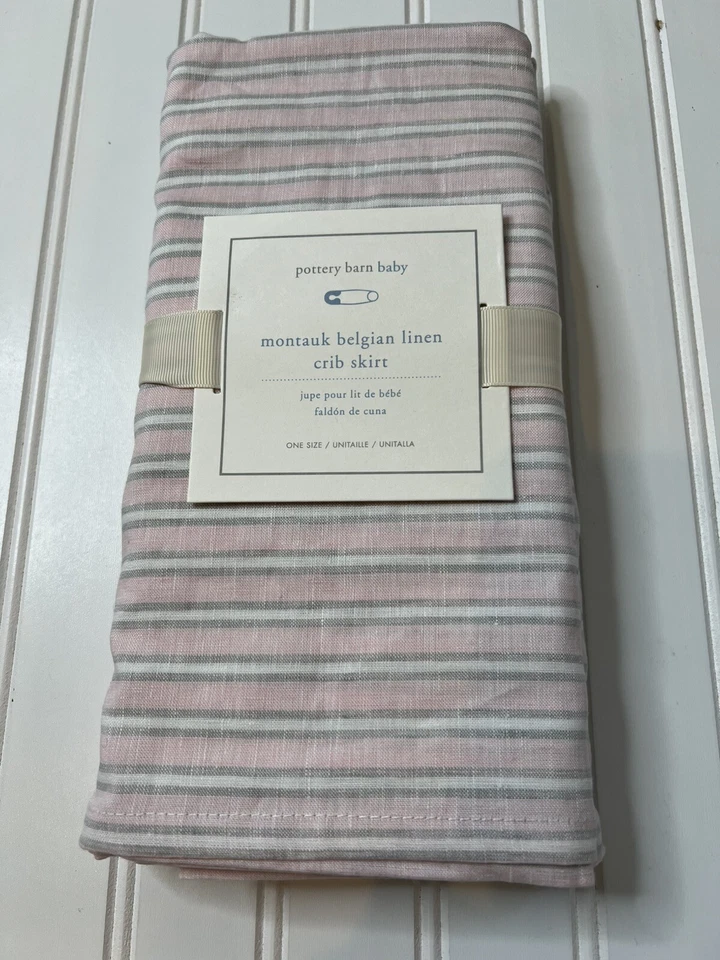 Pottery Barn Baby Montauk Rosa Gris Rayas Cuna Belga Lino Cuna Falda NUEVA Foto 1 de 3